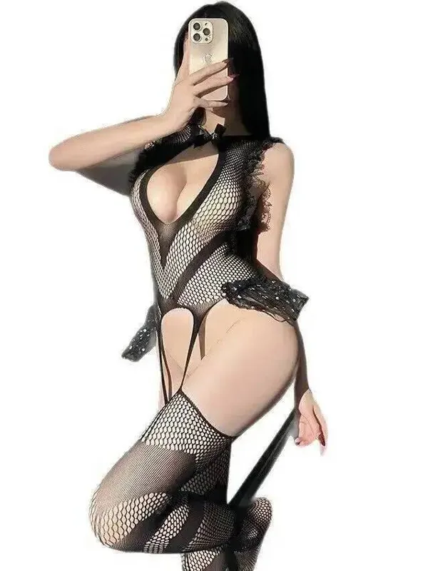 Fishnet Stocking Women - セクシーなレーストリムフィッシュネットボディストッキング網タイツ裸背露出尻女性ボディスーツ純粋な欲望魅力的な 8JAS