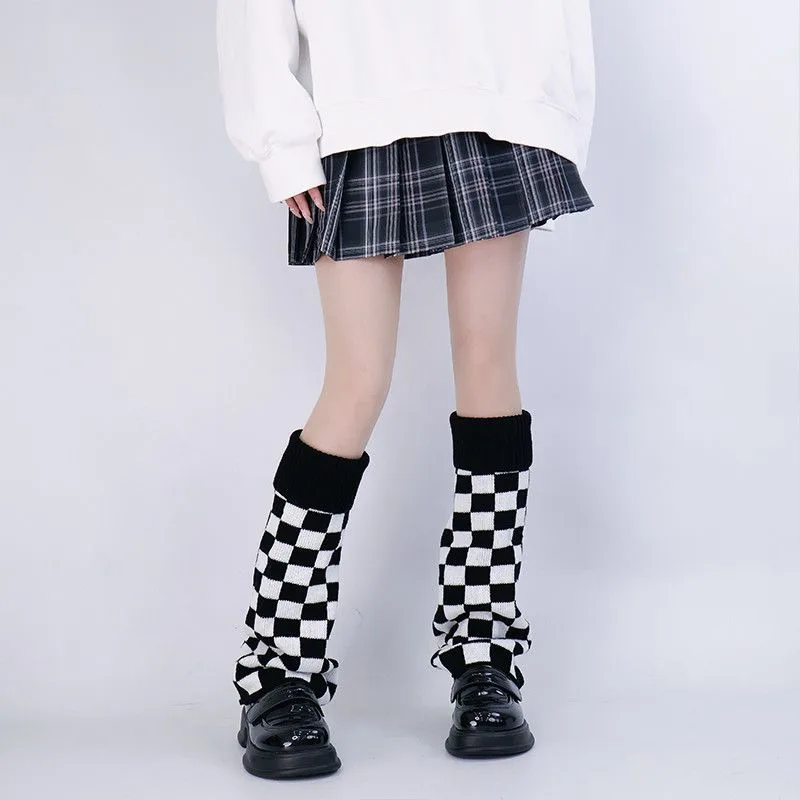 Boot Sock Slouchy - 黒白チェック柄レッグウォーマーニットだらしないソックス原宿ゴシックスタイルブーツカバー JK コスプレ用