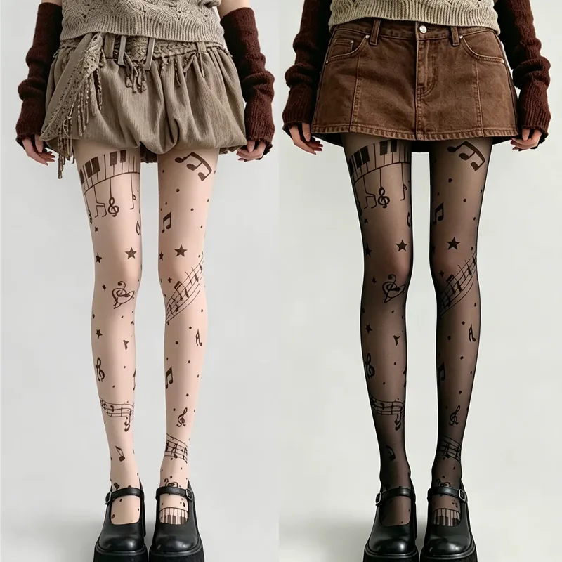 Tights Pantyhose Sheer - Y2K 音符プリント薄手のパンストレトロ音楽パターン弾性タイツ原宿ストッキング靴下女性のための毎日のコスプレ靴下