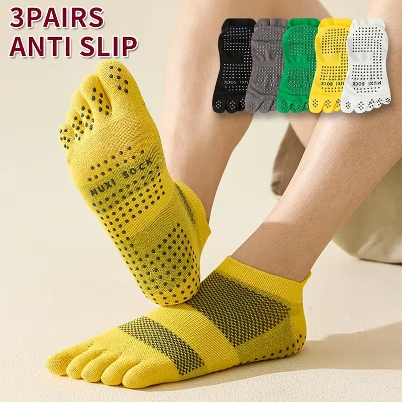 Grip Sock Yoga - メンズ 3 足組つま先ソックス 滑り止めドットグリップソックス 通気性メッシュ ローカット