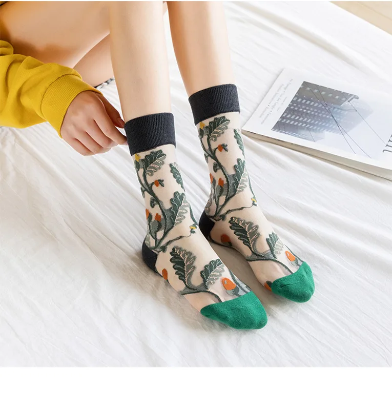 Silk Sock Bamboo - 1/4 ペアレトロフラワー女性ガラスシルクソックス夏軽量通気性ファッショナブルなプリントソフト快適なカジュアルソックス ﻿