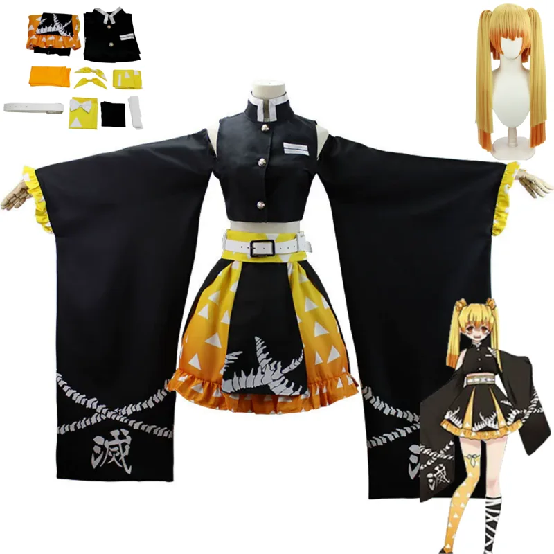Dress Sock Men - アニメ我妻善逸コスプレ衣装セクシーなオフショルダー黒ドレスロリータスカートかつら男性女性かわいいハロウィンパーティースーツ