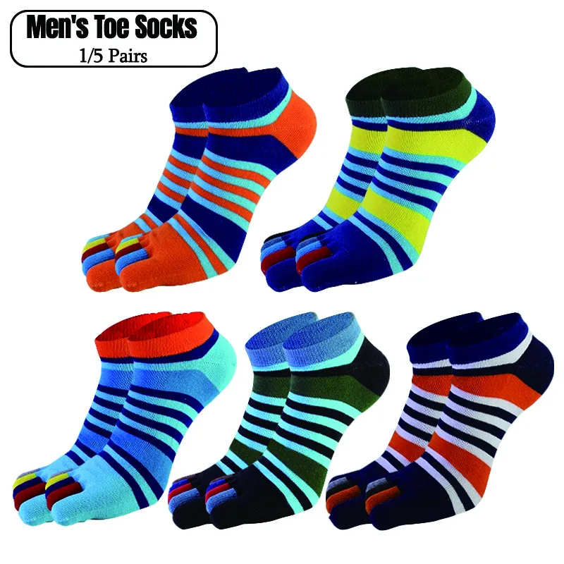 Ankle Sock Low Cut - 1/5 ペアメンズコットン 5 本指ソックスストライプカラフルなつま先アンクルソックス通気性のあるローカットノーショー目に見えない靴下