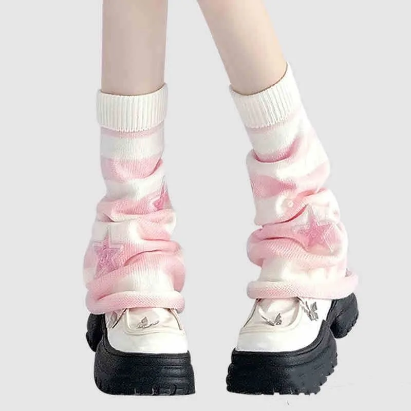 Boot Sock Slouchy - Y2K ストライプ レッグウォーマー スター ラインストーン ニット
