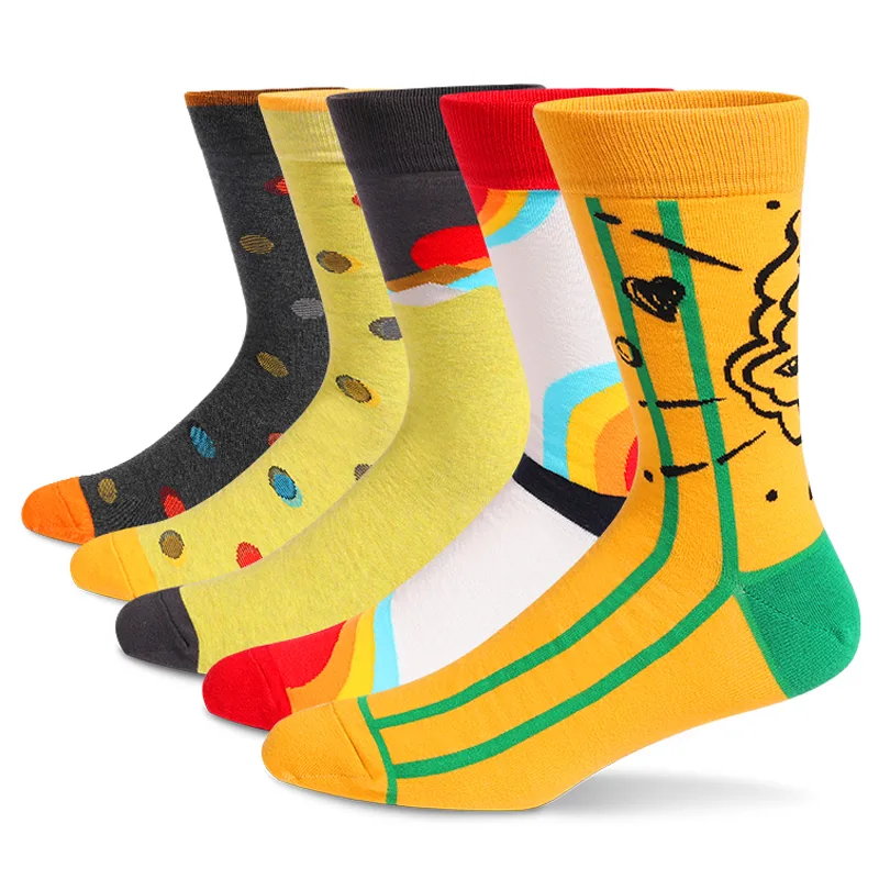 Cotton Crew Sock Pack - メンズ楽しいドレスソックス5足、パターン面白いソックスパック、カラフルなストライプのコーマコットンノベルティソックス、クールで通気性のあるカジュアルソックス