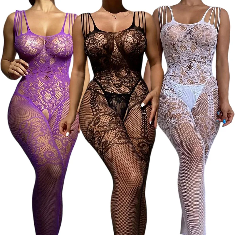 Fishnet Stocking Women - 女性用セクシーランジェリー、透明フルボディストッキング、ワンピースパジャマ、フィッシュネットブラ、ホットオープンクロッチ、エキゾチック下着セット