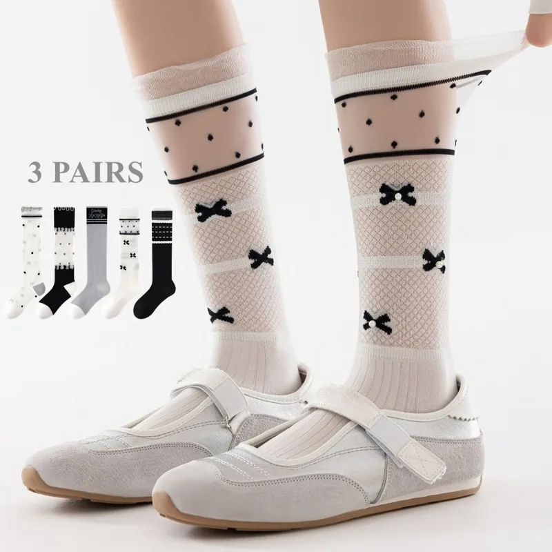 Silk Sock Bamboo - 3 ペアのかわいい女性用靴下夏用薄いシルクレースソックス花柄ちょう結び水玉模様ミディクルーソックスシームレスメッシュ積み重ね可能