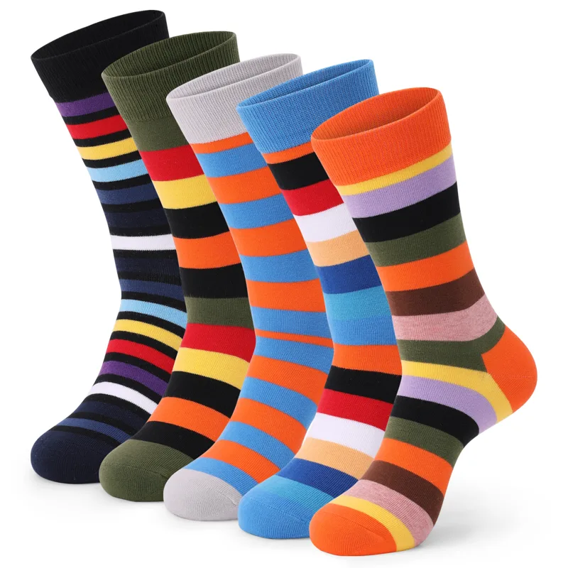 Cotton Crew Sock Pack - メンズカラフルストライプコーマ綿ソックス、ノベルティソックス、カジュアルソックス、クール、通気性、楽しいパターン、ドレス、5ペア