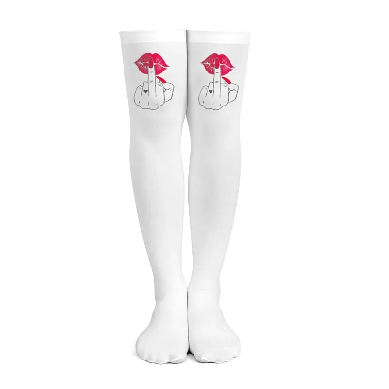 Knee High Sock Women - レディース用白い中指模様、赤いリッププリントの太ももソックス、挑発的で革新的なオーバーニーソックス、大人用通気性ソックス