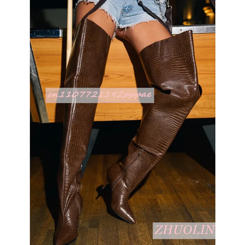 Knee High Sock Women - 秋のレトロな石模様のオーバーザニーブーツ ポインテッドトゥ ローヒール ラージチューブブーツ サイドジッパー キャットウォーク