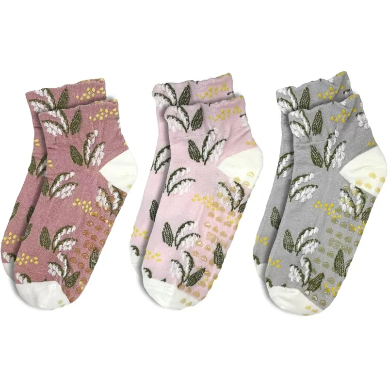 Grip Sock Yoga - 女性用花柄ジャカードヨガソックス – フィットネスや日常着用に最適な滑り止めグリップ付きクルーソックス3足セット