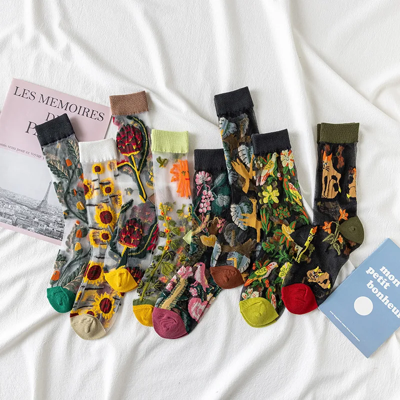 Silk Sock Bamboo - 1/4 ペアレトロフラワー女性ガラスシルクソックス夏軽量通気性ファッショナブルなプリントソフト快適なカジュアルソックス ﻿
