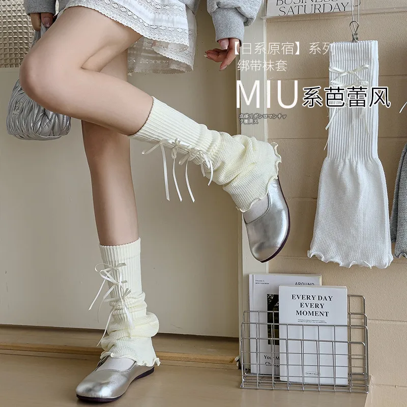 Boot Sock Slouchy - 女の子用ニットレッグウォーマー、ホワイトサーマルブーツソックス、リボン付きスラウチウィンタースノーブーツカフアクセサリー、女の子用カーフウォーマー