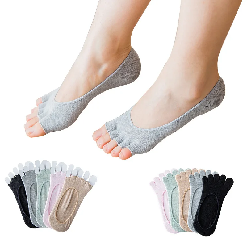 Invisibility Sock Loafer - レディースオープントゥ目に見えない 5 本指靴下無地浅い口分割つま先靴下純粋なコーマ綿つま先なしローファーライナー