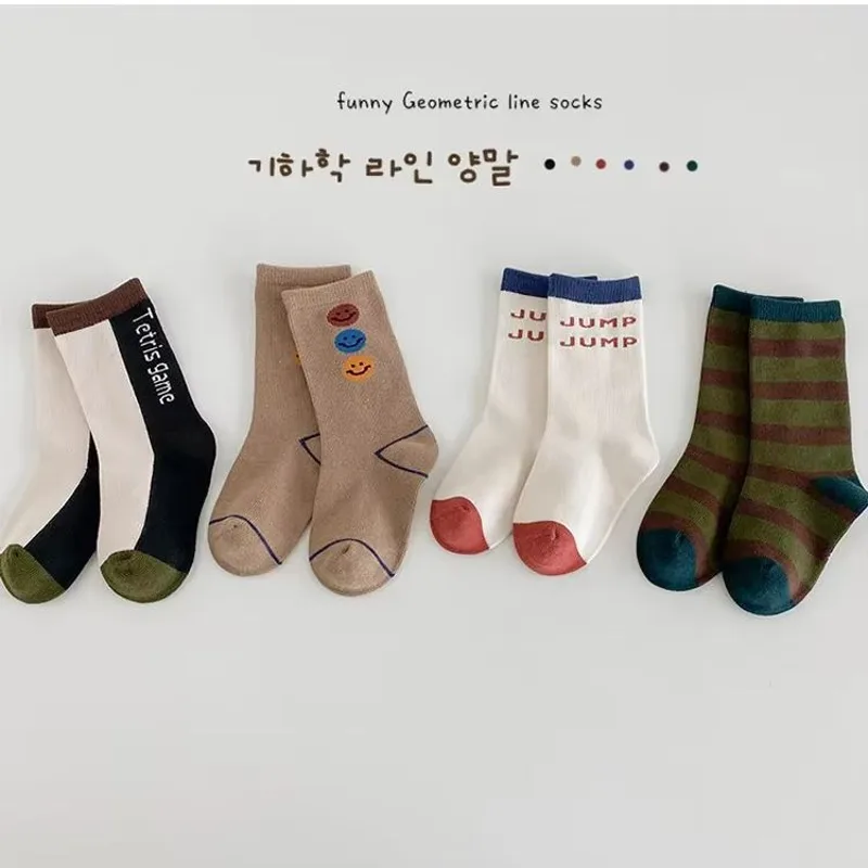 Cotton Crew Sock Pack - 子供の色コントラストクルーソックス、ふくらはぎの靴下、男の子のファッション、春、最高品質、品質保証、3-12t、パックあたり4ペア