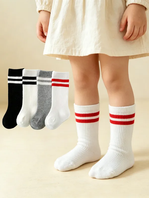 Cotton Crew Sock Pack - 4足組 ベビー・幼児用ストライプ柄クルーソックス 0-8歳向け ソフトで通気性のあるコットンリッチ キッズニーハイソックス 学校、カジュアル、普段着に