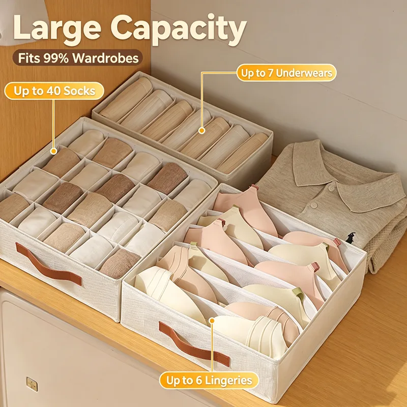 Sock Organizer Tray - 1個入り折りたたみ式引き出しオーガナイザー、積み重ね可能な布製収納ボックス、靴下、ブラジャー、下着、アクセサリー、クローゼットオーガナイザー、収納