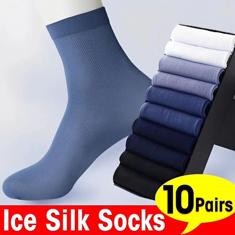 Silk Sock Bamboo - 10 ペアファッション通気性男性アイスシルク靴下ソフト弾性超薄型靴下竹繊維靴下固体ビジネス靴下