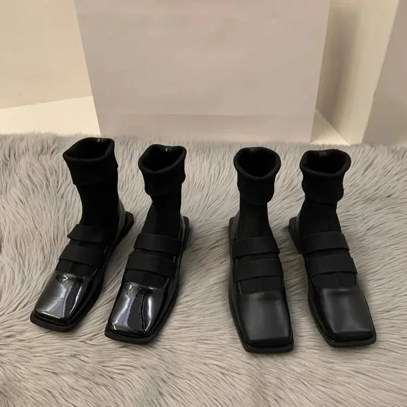 No Show Sock Women - 英国スタイルのスクエアニットソックスブーツ 2023 新しい女性のブーツ高品質痩身ローファー女性のアンクルブーツシングルシューズ