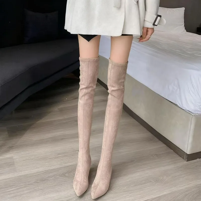 Knee High Sock Women - セクシーなレディースブーツ、ポインテッドトゥ、ニーハイブーツ、スクエアヒール、暖かいハイブーツ、伸縮性のあるソックシューズ、レディース用スエードバックジップパンプス