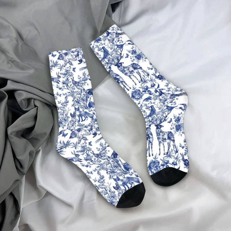 Dress Sock Men - カスタムヴィンテージフランス風トワルドジュイ クルーソックス ユニセックス 楽しい3Dプリント 花柄と動物柄の森 インディゴ柄ドレスソックス