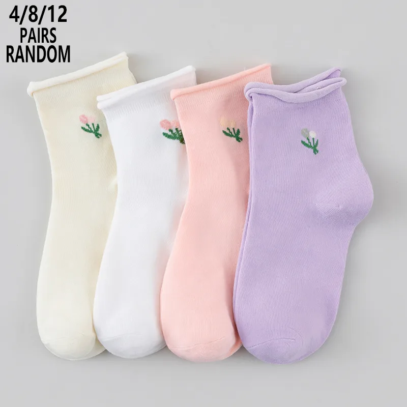 Cotton Crew Sock Pack - 4/8/12 パック ランダム レディース 花柄ミッドカーフソックス、ソフトコットン吸汗性通気性カジュアルインズトレンディ多用途デイリークルーソックス