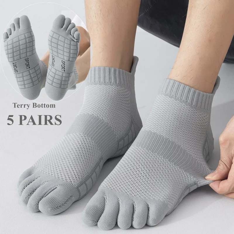 Ankle Sock Low Cut - 5 ペアスポーツつま先ソックス男性テリーソールショートアンクルソックス滑り止め 5 本指ソックス春秋メッシュ通気性