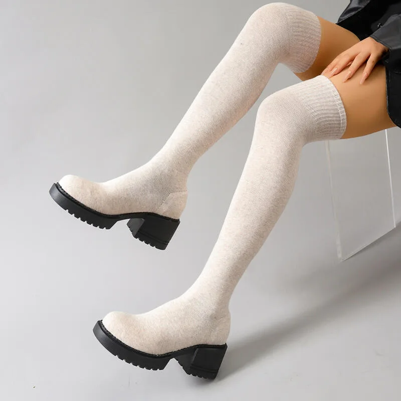 Knee High Sock Women - チャンキープラットフォームオーバーザニーブーツ女性 2026 秋厚底ハイヒール弾性ソックスブーツブランドロングブーツ