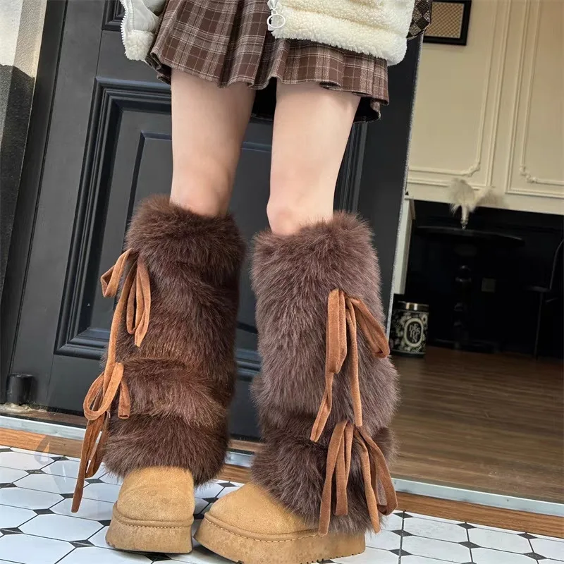 Boot Sock Slouchy - 女性用フェイクファーレッグウォーマー タイストラップ付き 厚手暖かいブーツカフス ゆったりとした冬用カーフソックス Y2Kスタイル