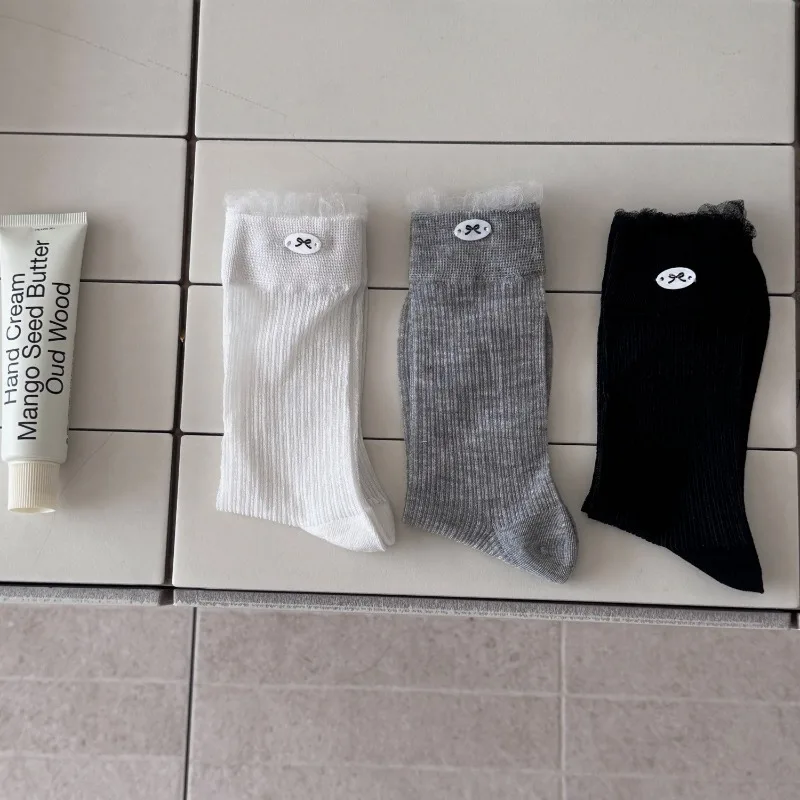 Silk Sock Bamboo - SP & CITY Summetr 薄い甘い綿パイル靴下女性のレースエッジ弓通気性カジュアルソックス桑シルクミドルチューブソックス