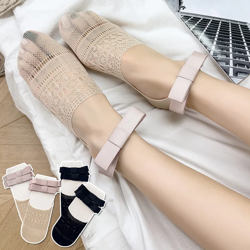 Invisibility Sock Loafer - バレエ風ガールズソックス、ロリータ風レースアップ通気性ローカットインビジブルソックス、レディースJK風蝶結び滑り止めローファーソックス
