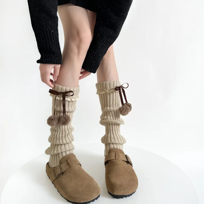 Boot Sock Slouchy - キャメルニットレッグウォーマー、ファーボールボウトリム付きルーズブーツソックス、女の子用秋冬重ね着ソックスカフスフットアクセサリー