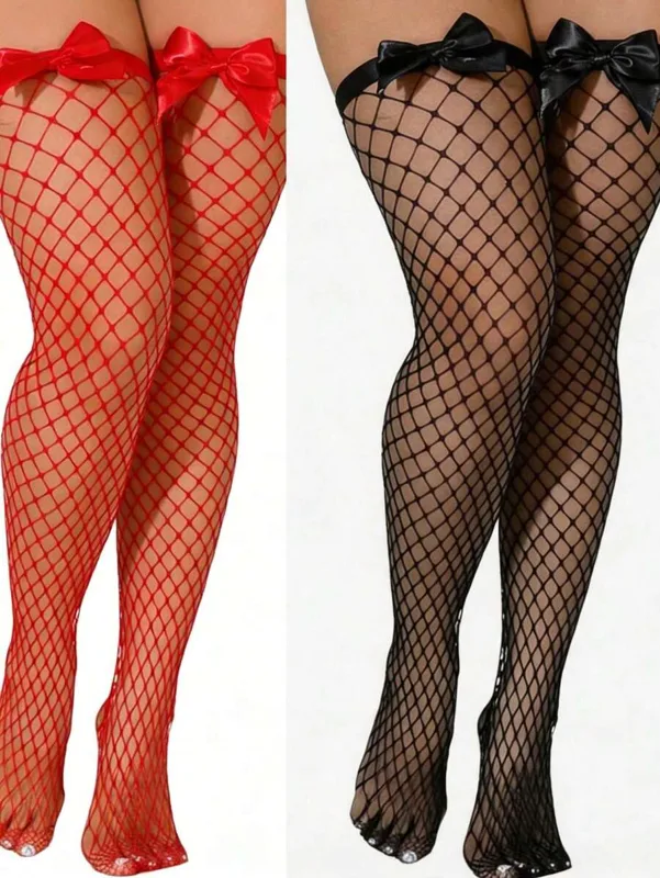Fishnet Stocking Women - ボウデコレーションフィッシュネット太もも丈ストッキング、伸縮性のある中空グリッドオーバーニーフィッシュネットソックス、甘くてセクシーなホールドアップメッシュホース