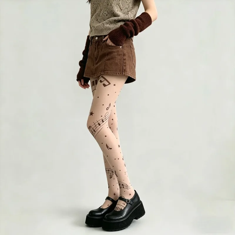 Y2K 音符プリント薄手のパンストレトロ音楽パターン弾性タイ - Tights Pantyhose Sheer のレビューと価格