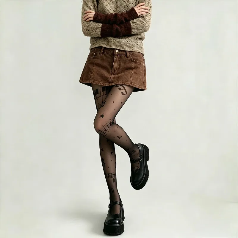 Y2K 音符プリント薄手のパンストレトロ音楽パターン弾性タイ - Tights Pantyhose Sheer のレビューと価格