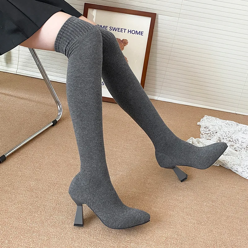 ハイヒールの女性の靴下ブーツ、ポインテッドトゥニットファッシ - Knee High Sock Women のレビューと価格
