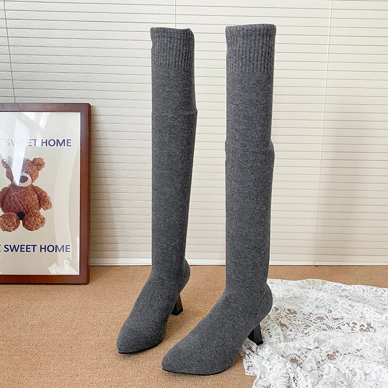 ハイヒールの女性の靴下ブーツ、ポインテッドトゥニットファッシ - Knee High Sock Women のレビューと価格