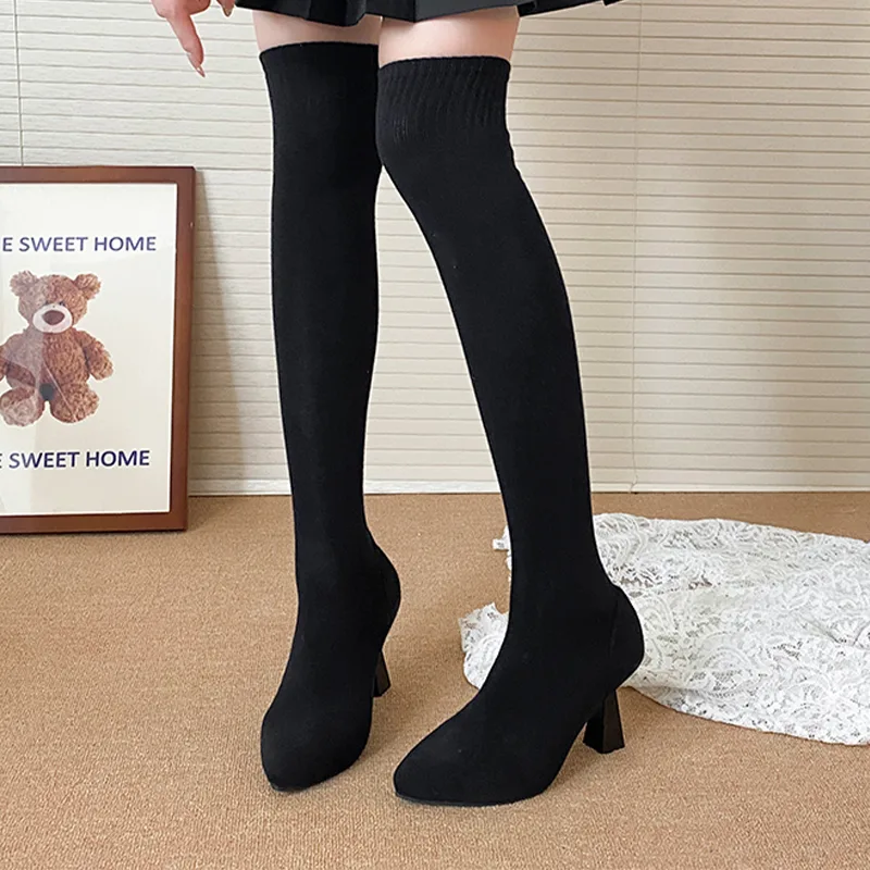 ハイヒールの女性の靴下ブーツ、ポインテッドトゥニットファッシ - Knee High Sock Women のレビューと価格
