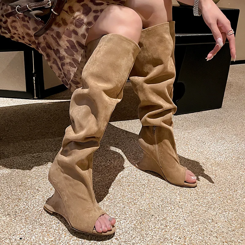 AIYKAZYSDL 奇妙なウェッジヒールピープトウニーハイ - Boot Sock Slouchy のレビューと価格