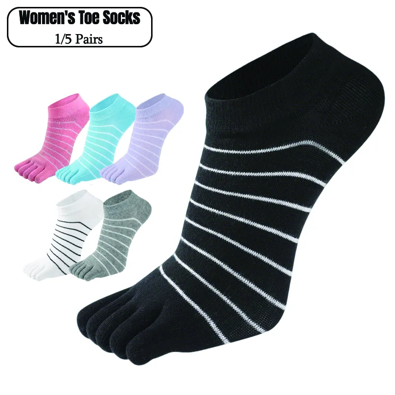 1/5 ペア女性ストライプ 5 本指靴下ソフトコットン通気性 - Ankle Sock Low Cut のレビューと価格