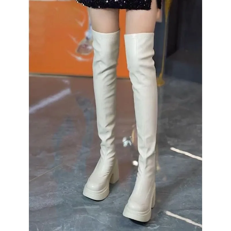 ラウンドトゥ厚底ハイヒールロングブーツ レディース 秋冬用伸 - Knee High Sock Women のレビューと価格