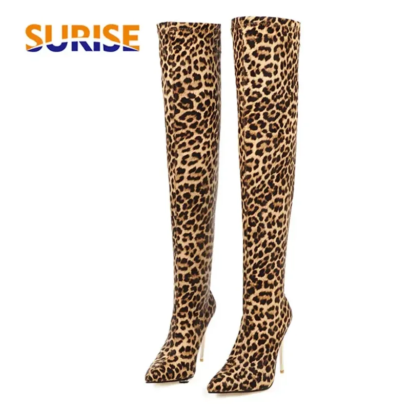 女性用ヒョウオーバーニーソックスブーツ、先のとがったつま先、 - Knee High Sock Women のレビューと価格