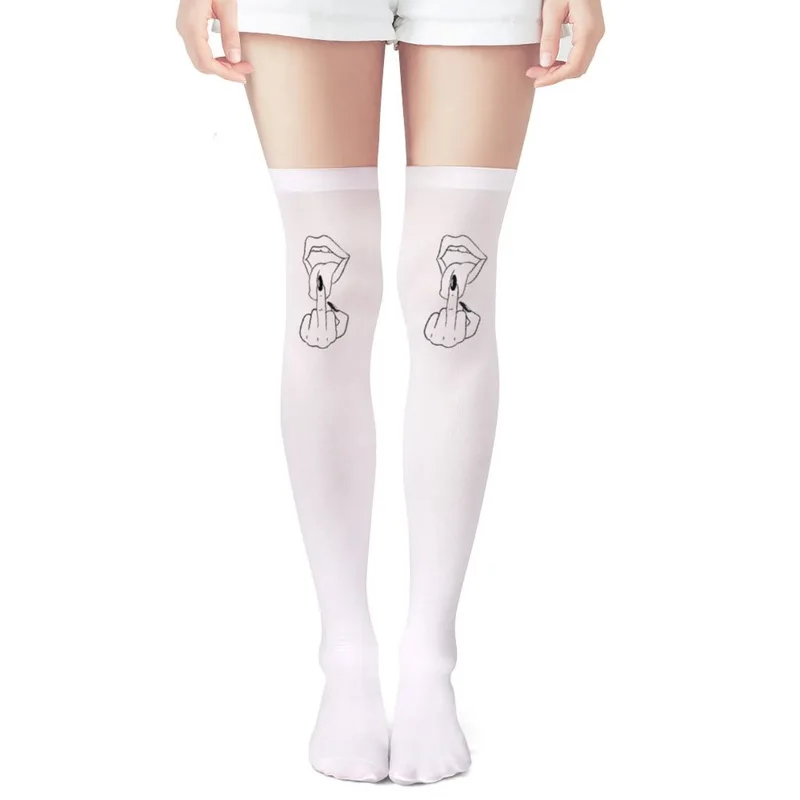 レディース用白い中指模様、赤いリッププリントの太ももソックス - Knee High Sock Women のレビューと価格