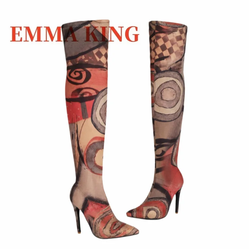 レディースアートプリント太もも丈ブーツ、ポインテッドトゥステ - Knee High Sock Women のレビューと価格