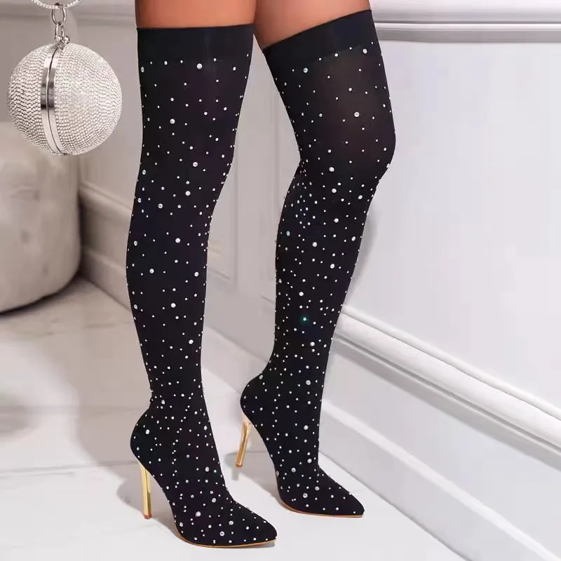 ラインストーン付きスリムレッグストレッチソックスブーツ レデ - Knee High Sock Women のレビューと価格