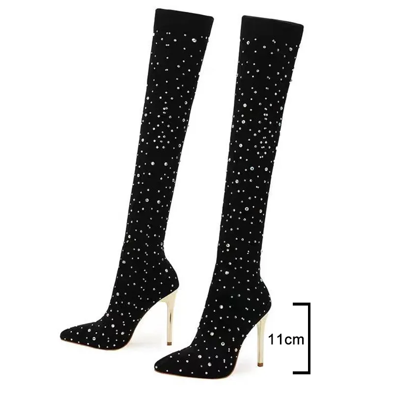 ラインストーン付きスリムレッグストレッチソックスブーツ レデ - Knee High Sock Women のレビューと価格