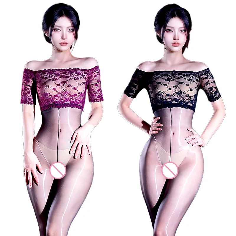 セクシーなオイルシャイニーメッシュレースボディスーツ女性エロ - Tights Pantyhose Sheer のレビューと価格