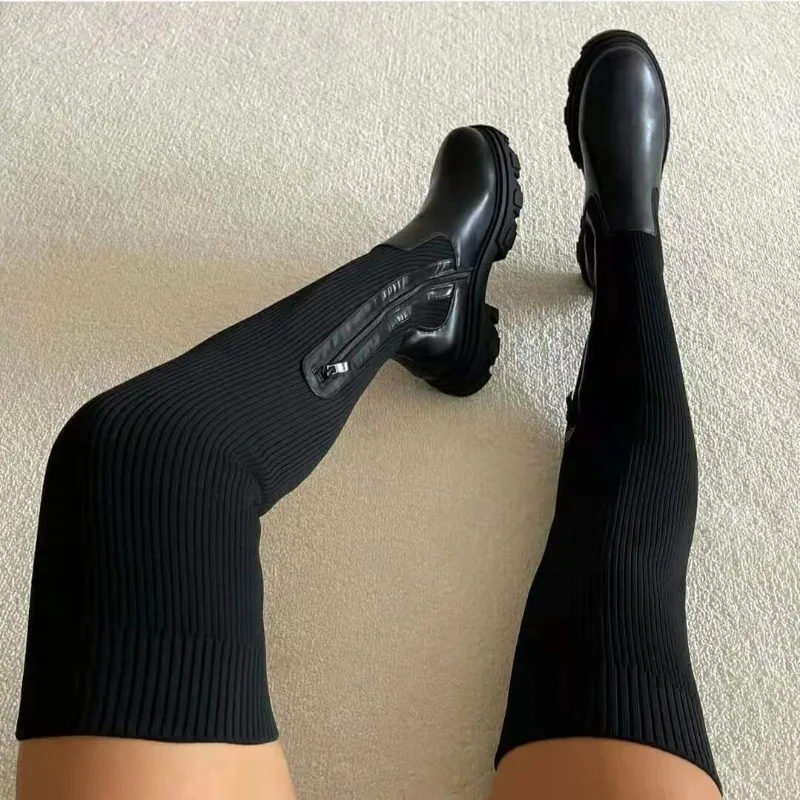 2025 冬の靴の女性の靴下ブーツファッション膝腿の高ブーツ - Knee High Sock Women のレビューと価格
