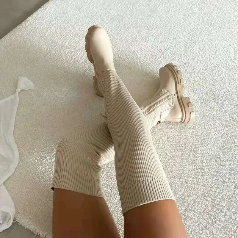 2025 冬の靴の女性の靴下ブーツファッション膝腿の高ブーツ - Knee High Sock Women のレビューと価格