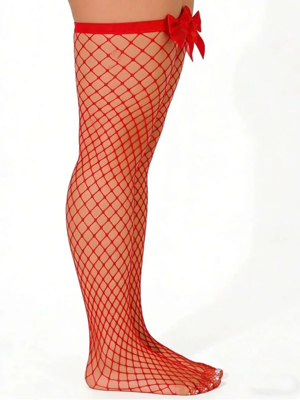 ボウデコレーションフィッシュネット太もも丈ストッキング、伸縮 - Fishnet Stocking Women のレビューと価格